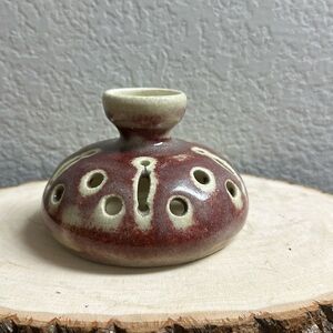 Pottery Vintage Flower Frog Artist Signed Hand Thrown Brown Drip Glaze